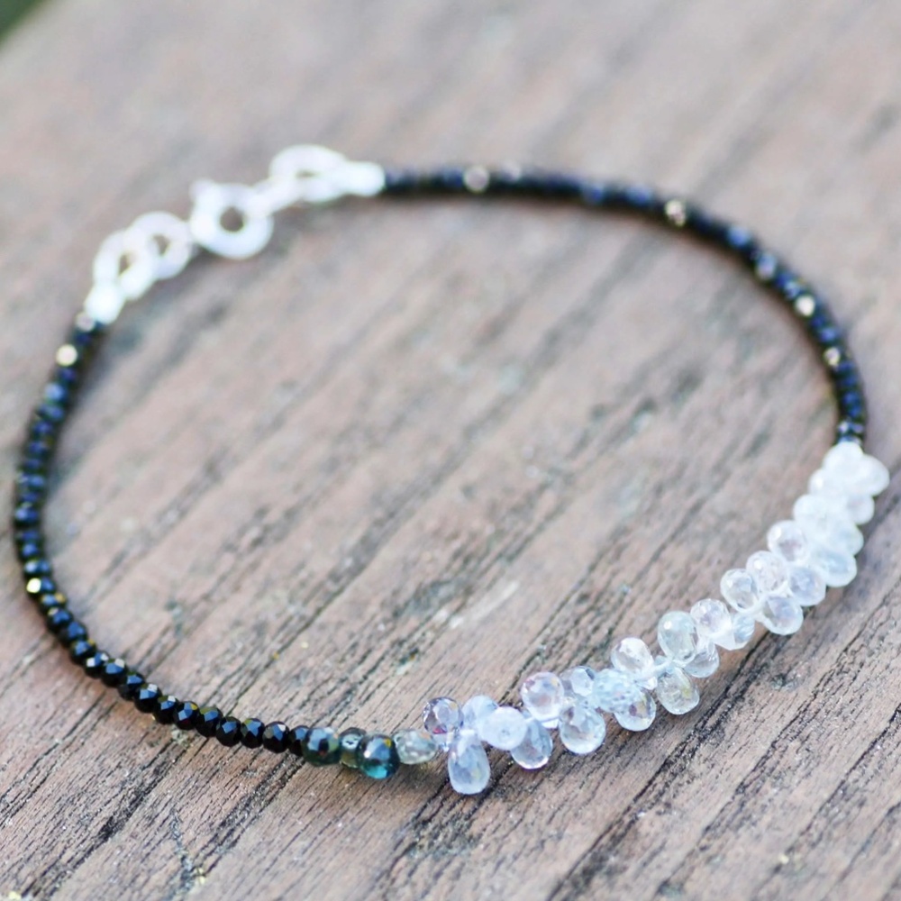 Natural Black Spinel, Tiny Briolette Blue Sapphire Bracelet Solid 14K White Gold